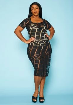 Plus Size Geometric Print Mesh Dress