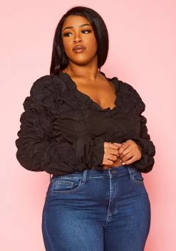 Plus Size Smocked V Neck Long Sleeve Crop Top
