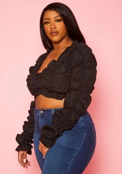 Plus Size Smocked V Neck Long Sleeve Crop Top -Asoph Sales Shop 2022455 001 2