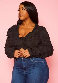 Plus Size Smocked V Neck Long Sleeve Crop Top -Asoph Sales Shop 2022455 001 3