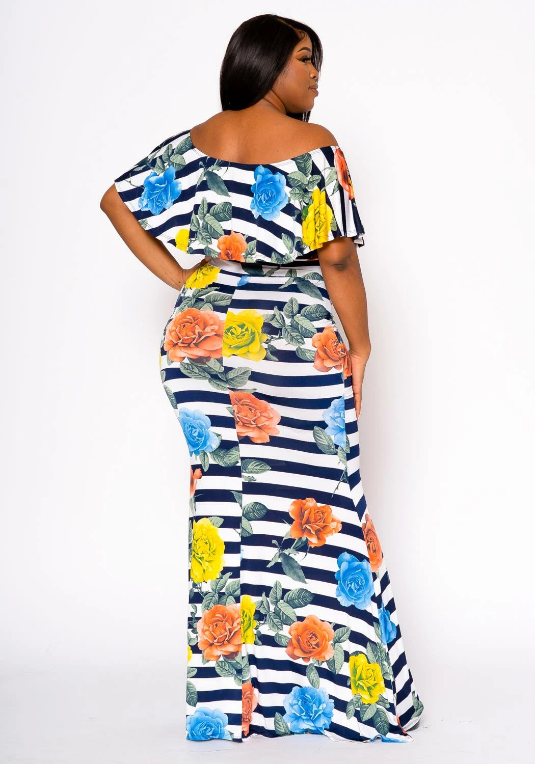Plus Size Floral Striped Fit & Flare Maxi Dress 4 Plus Size Floral Striped Fit & Flare Maxi Dress - Image 4