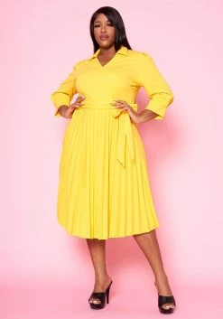 Plus Size Pleated Fit & Flare Midi Dress