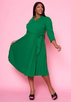 Plus Size Pleated Fit & Flare Midi Dress