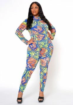 Plus Size Butterfly Print Fitted Jumpsuit