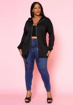 Plus Size Zip Front Hooded Jacket
