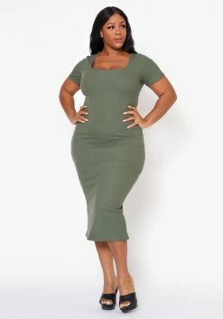 Plus Size Ribbed Square Neck Midi Dress