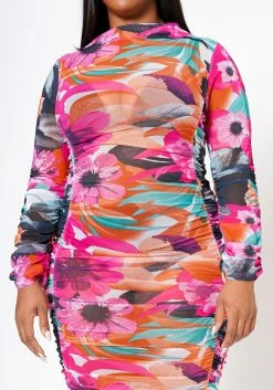 Plus Size Mesh Floral Print Ruched Dress -Asoph Sales Shop 2022512 001 5