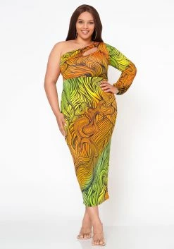 Plus Size Multi Abstract Pattern One Sleeve Midi Dress