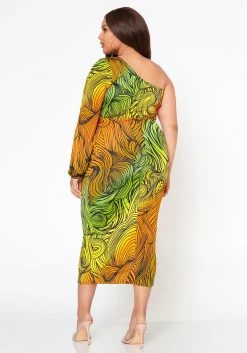 Plus Size Multi Abstract Pattern One Sleeve Midi Dress -Asoph Sales Shop 2022514 002 4