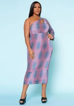 Plus Size Multi Dotted Print One Sleeve Midi Dress