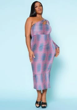 Plus Size Multi Dotted Print One Sleeve Midi Dress -Asoph Sales Shop 2022515 001 2