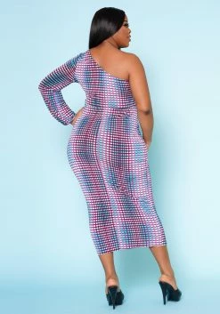 Plus Size Multi Dotted Print One Sleeve Midi Dress -Asoph Sales Shop 2022515 001 4