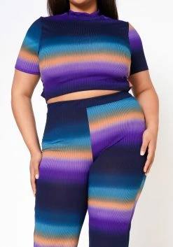 Plus Size Gradient Color Print Crop Top & Ribbed Pants Set -Asoph Sales Shop 2022574 002 4