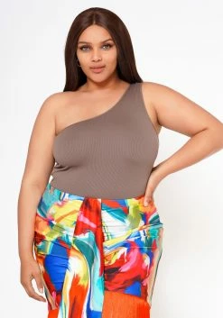 Plus Size Ribbed Knit One Sleeve Bodysuit