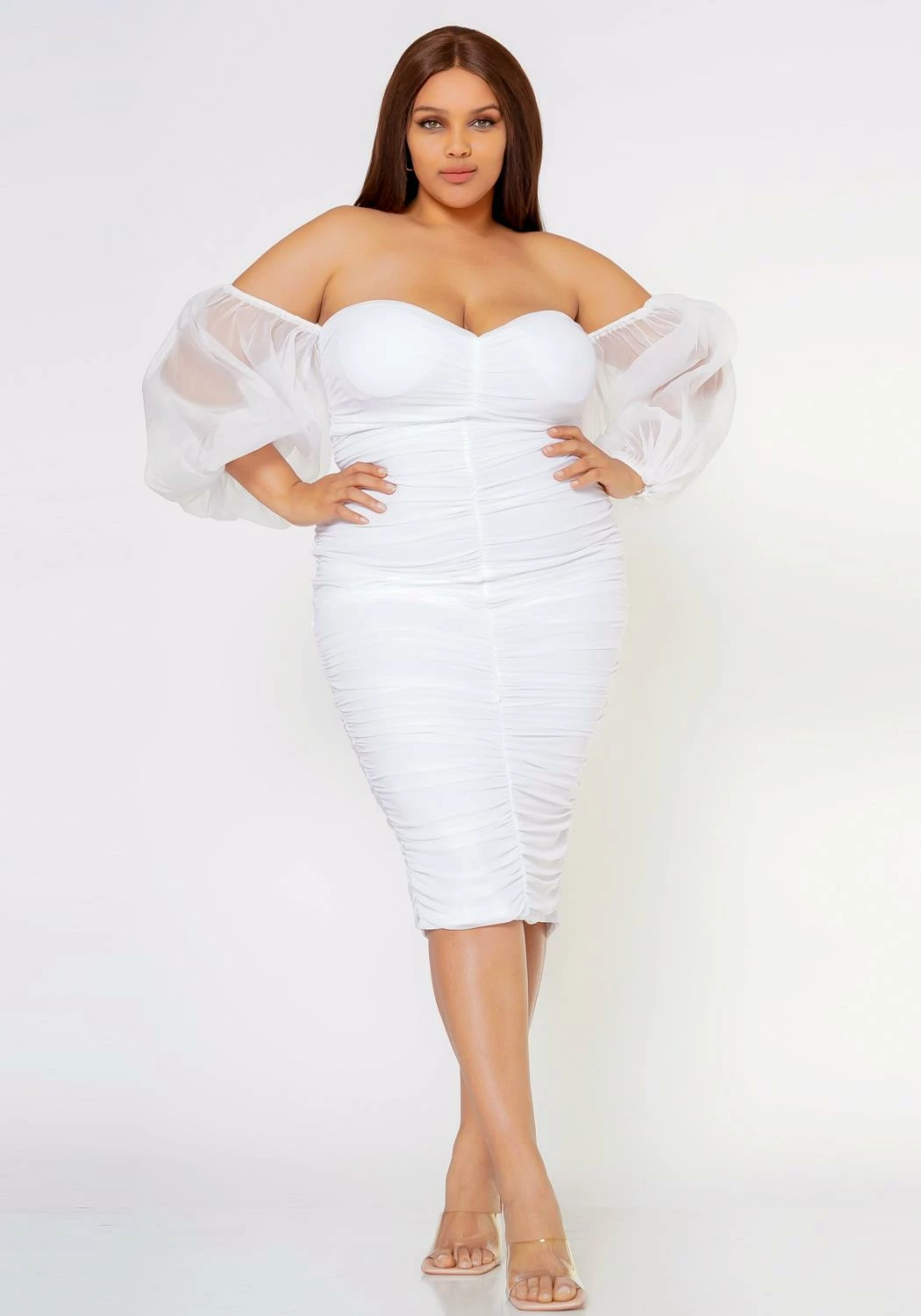 Plus Size Romantic Off Shoulder Ruched Midi Dress 1 Plus Size Romantic Off Shoulder Ruched Midi Dress