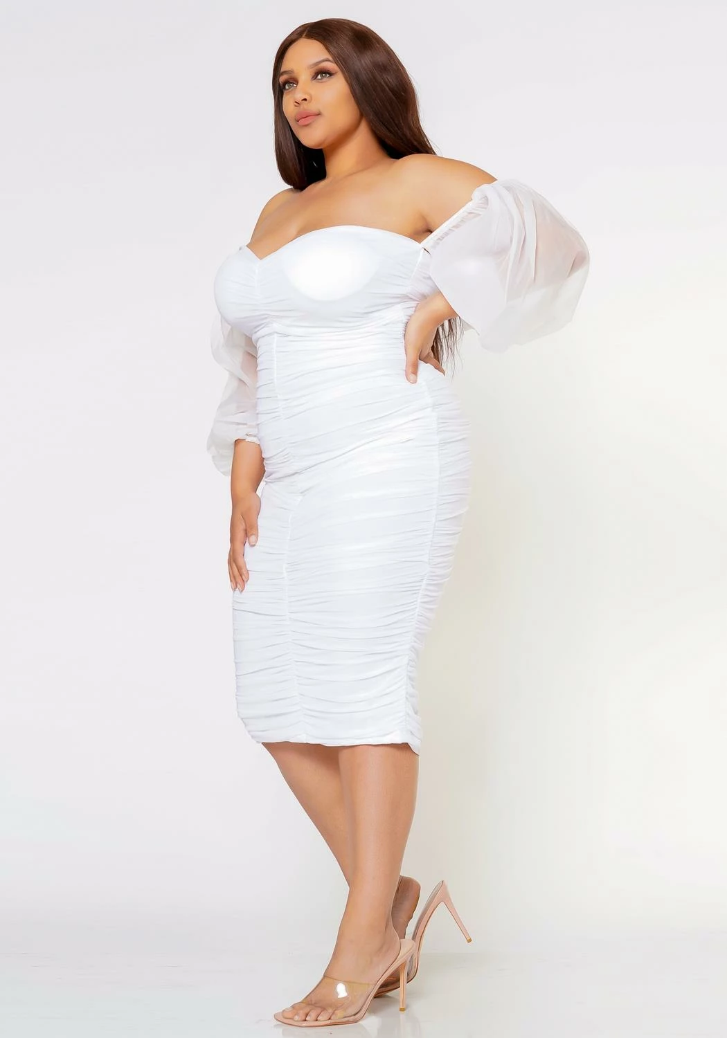Plus Size Romantic Off Shoulder Ruched Midi Dress 3 Plus Size Romantic Off Shoulder Ruched Midi Dress - Image 3