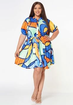 Plus Size Multi Pattern Pleated Fit & Flare Dress