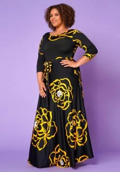 Plus Size Golden Floral Print Fit & Flare Maxi Dress -Asoph Sales Shop 2022613 001 2