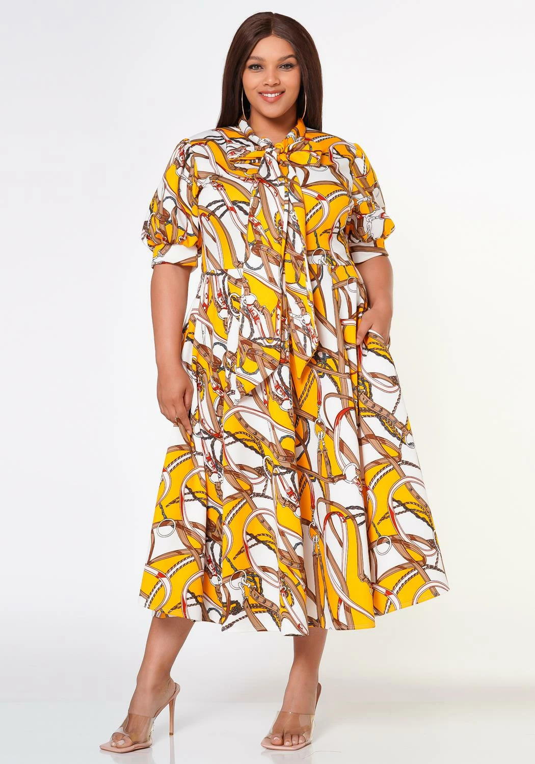 Plus Size Multi Print Bow Collar Flare Dress 1 Plus Size Multi Print Bow Collar Flare Dress