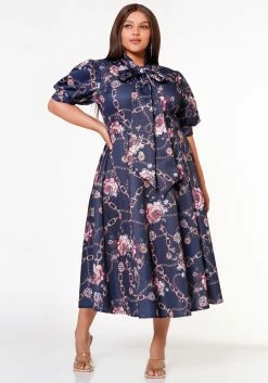 Plus Size Floral Chainlink Print Bow Collar Flare Dress