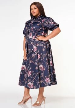Plus Size Floral Chainlink Print Bow Collar Flare Dress -Asoph Sales Shop 2022633 001 2