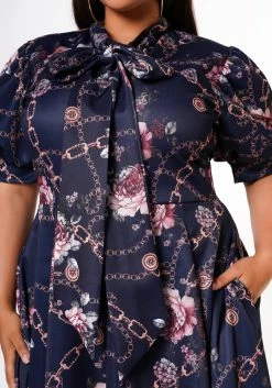 Plus Size Floral Chainlink Print Bow Collar Flare Dress -Asoph Sales Shop 2022633 001 4