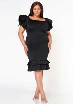 Plus Size Ruffle Flower Shoulder Midi Dress