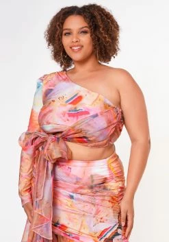 Plus Size Multi Print One Shoulder Crop Top