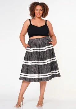 Plus Size Striped Flare Midi Skirt