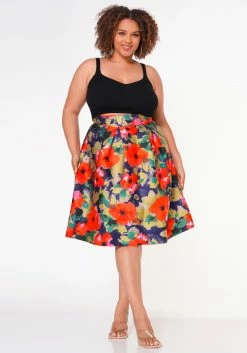 Plus Size Floral High Waist Flare Midi Skirt -Asoph Sales Shop 2022652 001 2