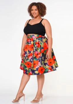Plus Size Floral High Waist Flare Midi Skirt -Asoph Sales Shop 2022652 001 4