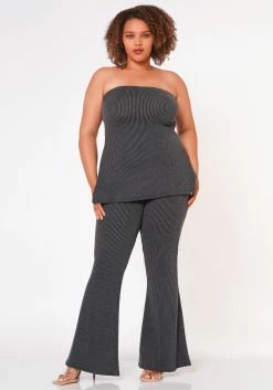 Plus Size Tube Top & Flare Leggings Ribbed Knit Set
