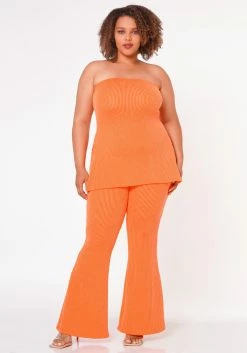 Plus Size Tube Top & Flare Leggings Ribbed Knit Set