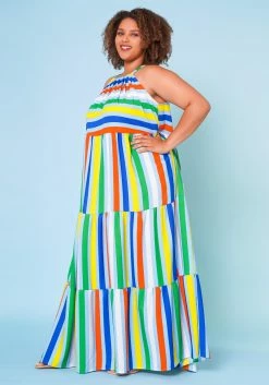 Plus Size Multi Stripe Halter Neck Flare Maxi Dress -Asoph Sales Shop 2022668 001 2