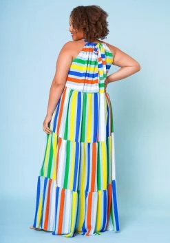 Plus Size Multi Stripe Halter Neck Flare Maxi Dress -Asoph Sales Shop 2022668 001 3