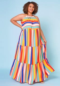 Plus Size Multi Stripe Halter Neck Flare Maxi Dress