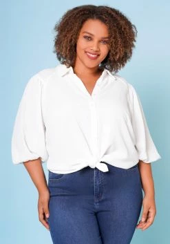 Plus Size Balloon Sleeve Button Down Blouse