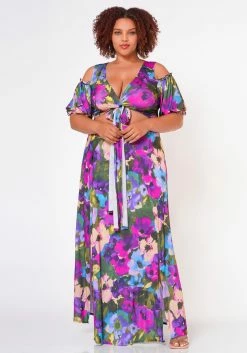 Plus Size Tie Front Surplice Top & Maxi Skirt Set -Asoph Sales Shop 2022689 001 2