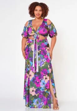 Plus Size Tie Front Surplice Top & Maxi Skirt Set