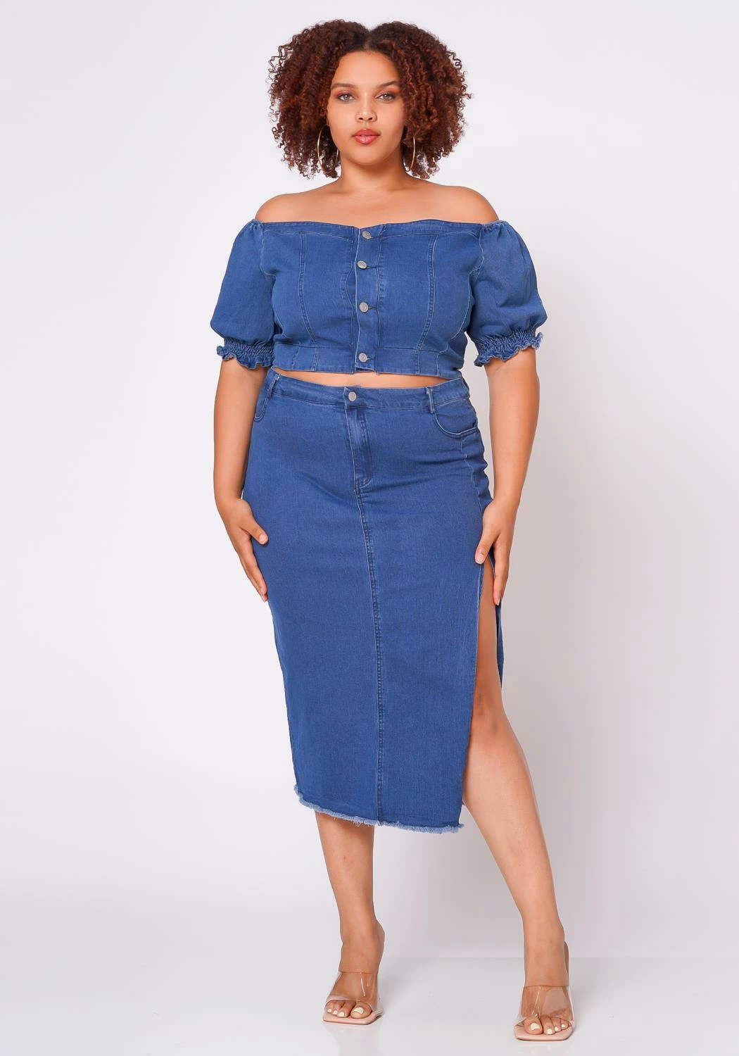 Plus Size Denim Off Shoulder Crop Top & Skirt Set 2 Plus Size Denim Off Shoulder Crop Top & Skirt Set - Image 2