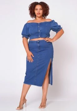 Plus Size Denim Off Shoulder Crop Top & Skirt Set
