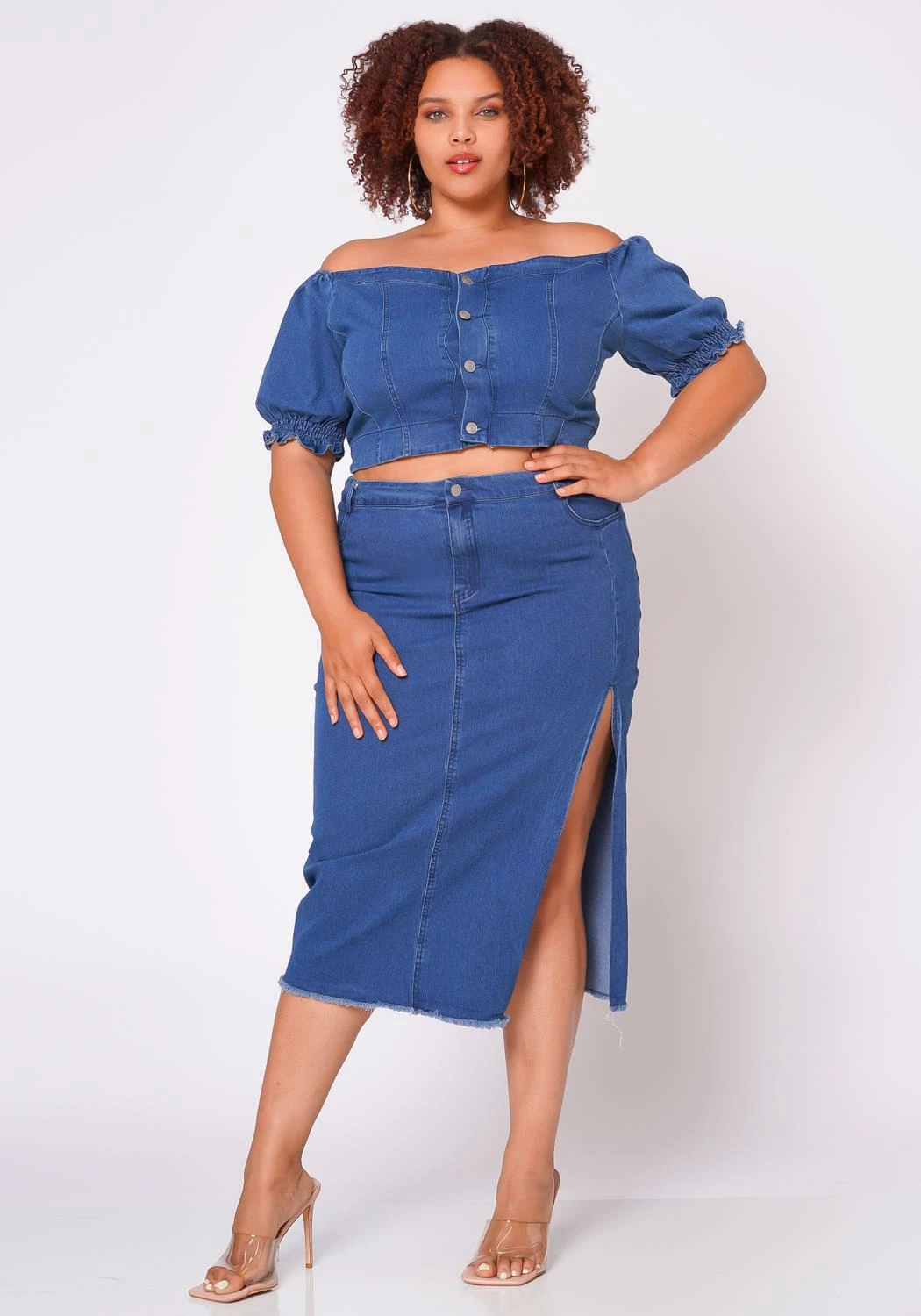 Plus Size Denim Off Shoulder Crop Top & Skirt Set 1 Plus Size Denim Off Shoulder Crop Top & Skirt Set