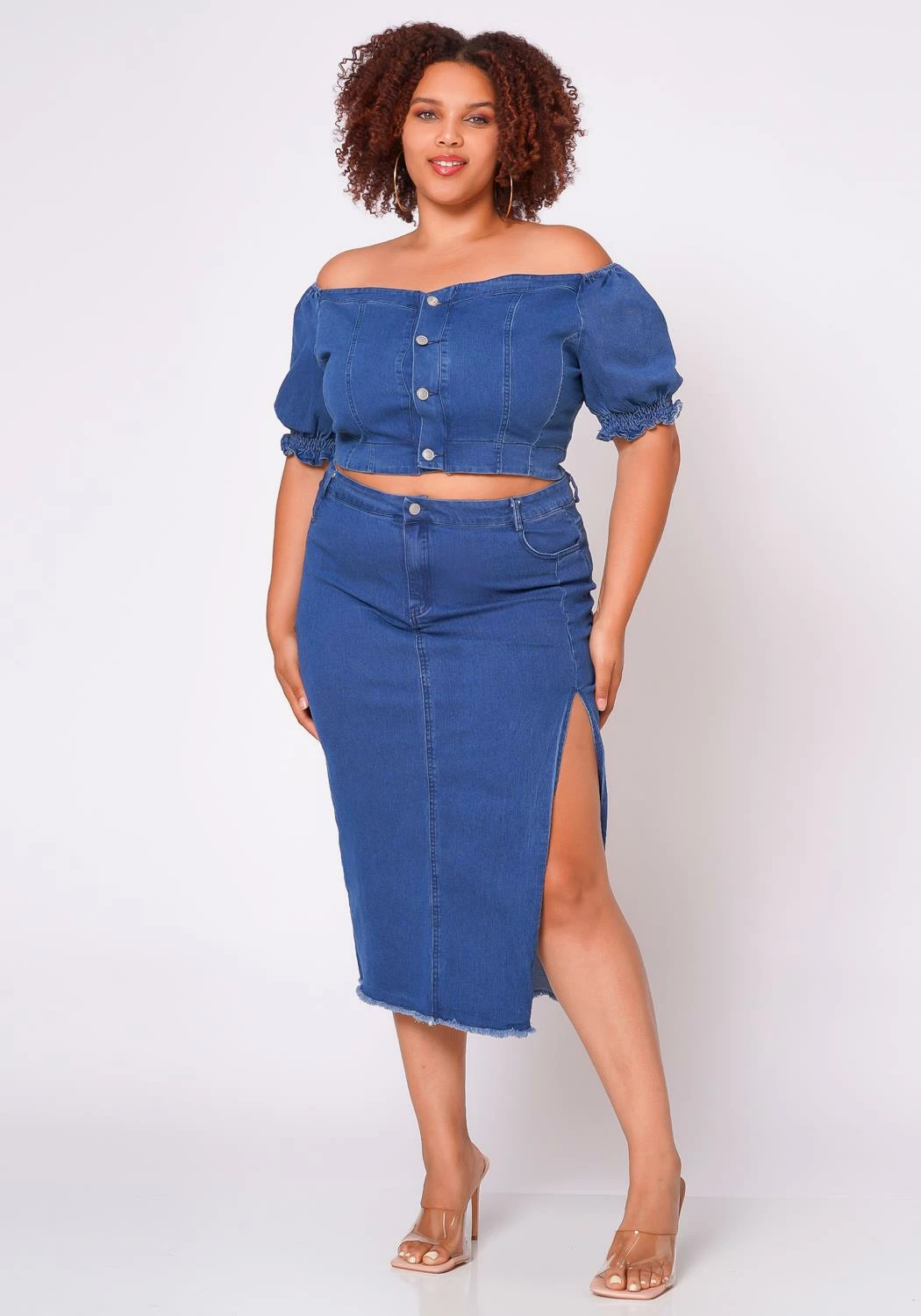 Plus Size Denim Off Shoulder Crop Top & Skirt Set 3 Plus Size Denim Off Shoulder Crop Top & Skirt Set - Image 3