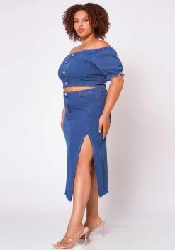 Plus Size Denim Off Shoulder Crop Top & Skirt Set 9 Plus Size Denim Off Shoulder Crop Top & Skirt Set -Asoph Sales Shop 2022691 001 4