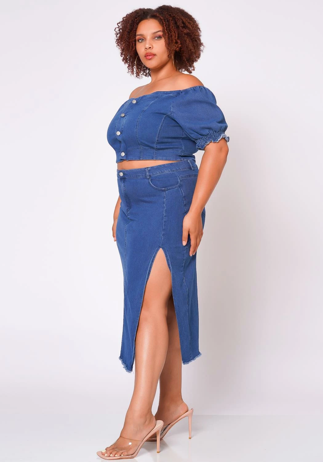Plus Size Denim Off Shoulder Crop Top & Skirt Set 4 Plus Size Denim Off Shoulder Crop Top & Skirt Set - Image 4