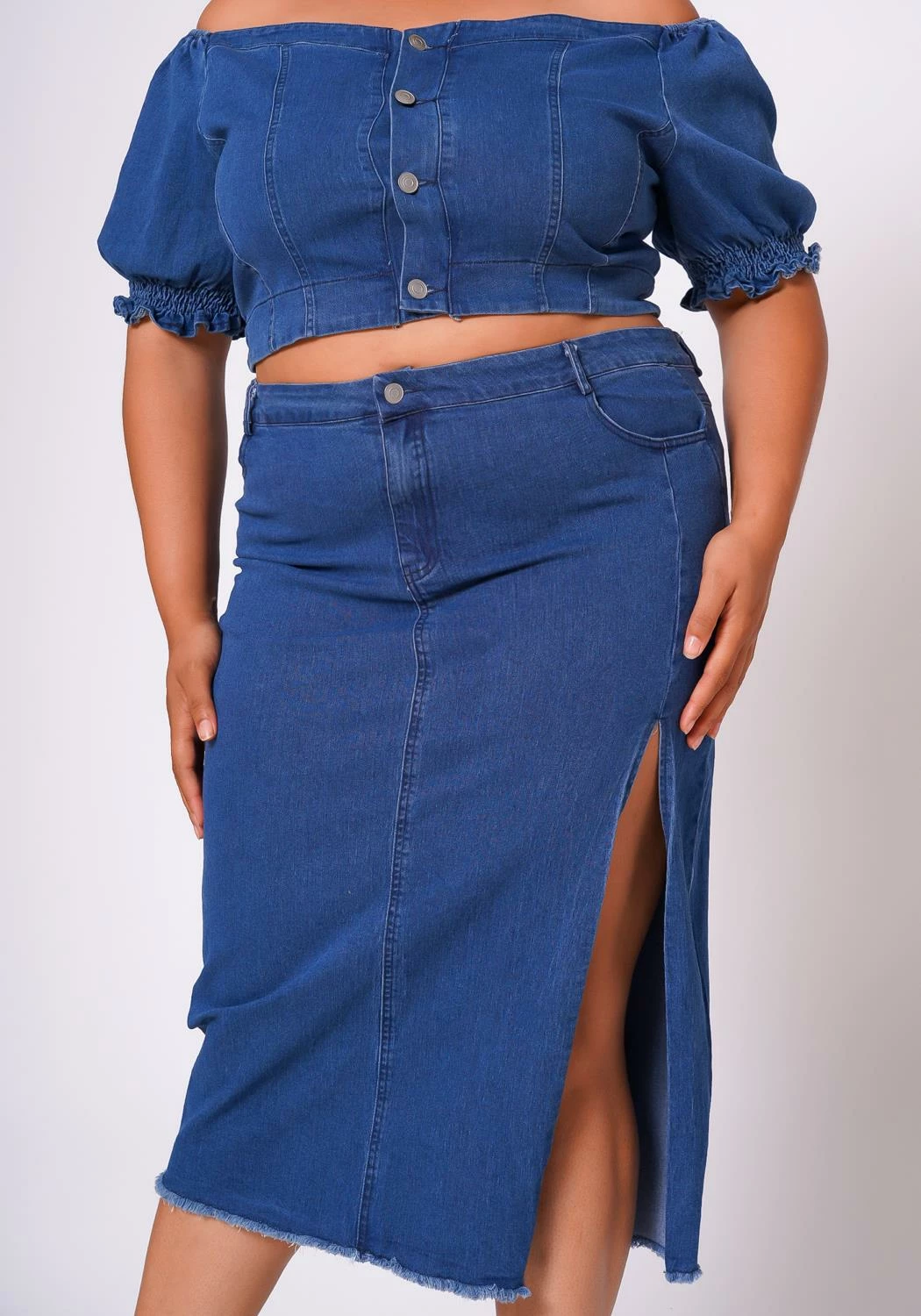 Plus Size Denim Off Shoulder Crop Top & Skirt Set 6 Plus Size Denim Off Shoulder Crop Top & Skirt Set - Image 6