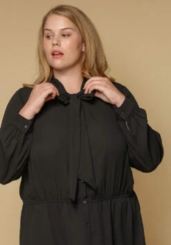 Pleione Plus Size Women Clothing Tie Neck Button Down Peplum Blouse