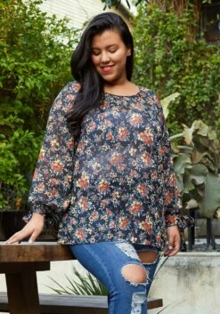 Pleione Plus Size Sheer Printed Blouse With Self-Tie Sleeve