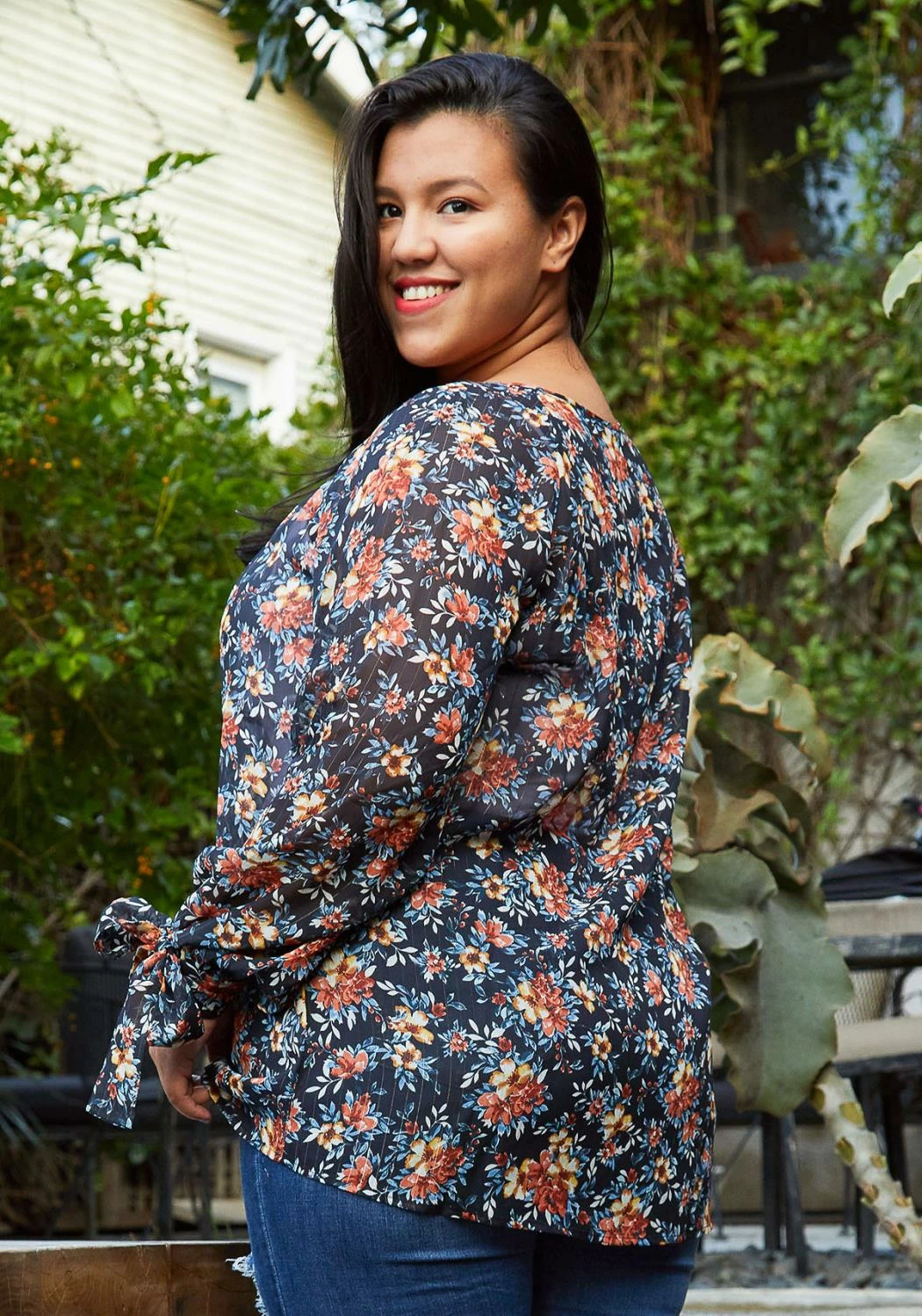 Pleione Plus Size Sheer Printed Blouse With Self-Tie Sleeve 3 Pleione Plus Size Sheer Printed Blouse With Self-Tie Sleeve - Image 3