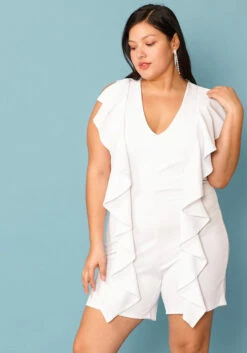 Plus Size V-Neck Ruffle Front Sleeveless Romper